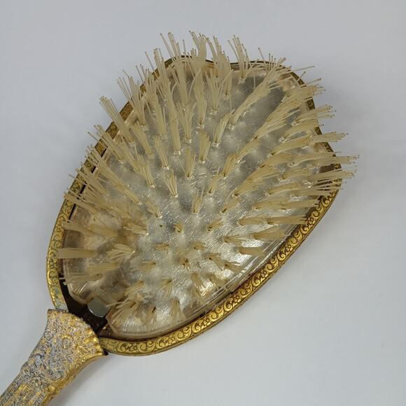 Vintage Hair Brush Brown Marble Like Back Golden Handle Clear Bristles Removable - Picture 4 of 16
